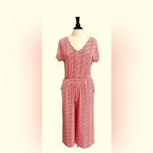 Clara Sun Woo Red,White&Black Geo Print Short Sleeve Midi Pocket Jumpsuit-Small